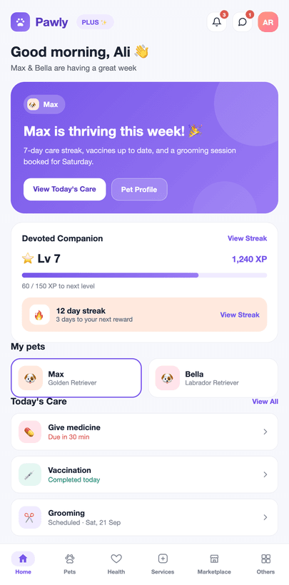 Pawly home screen with today's care and streak