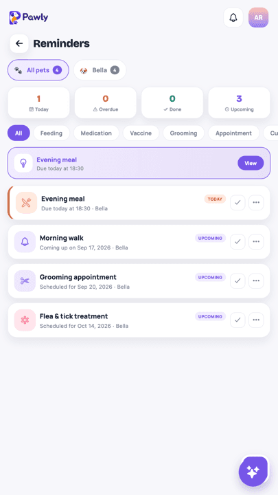 Pawly reminders screen