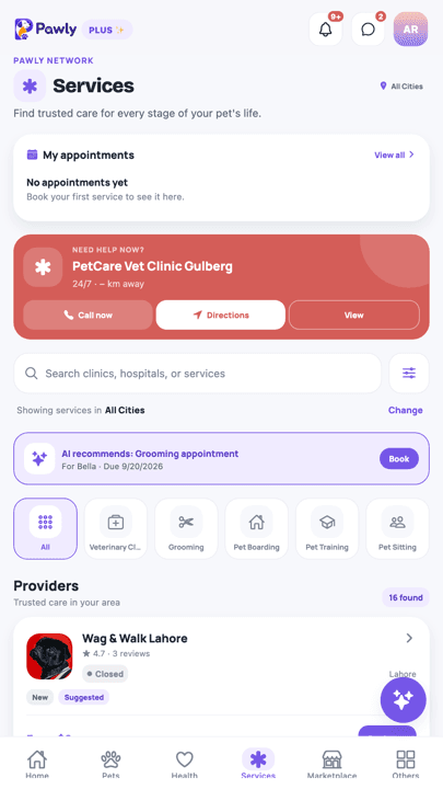 Pawly services tab for booking vets and groomers