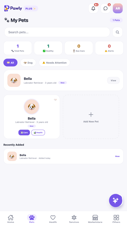 Pawly pets tab listing your pets